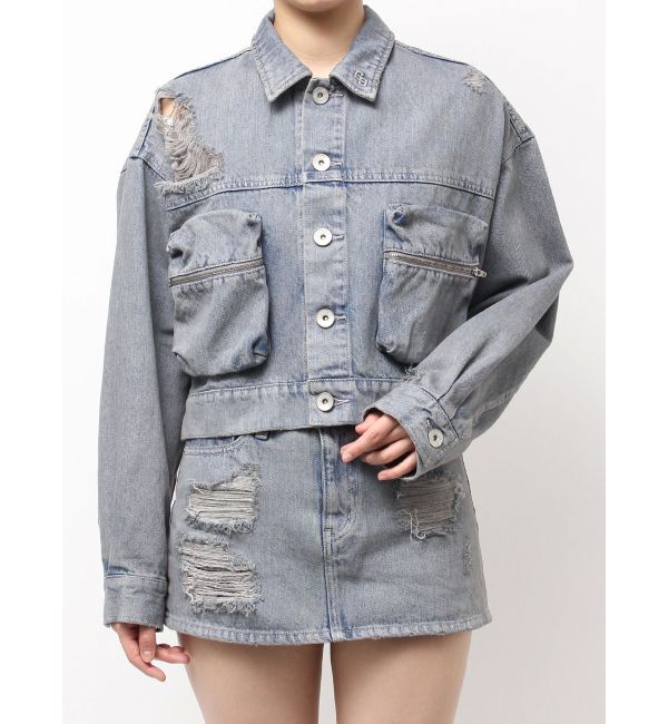 GYDA「ZIP POCKETダメージショートデニムGジャン」|ブルゾン・スタジャン|アイスブルー