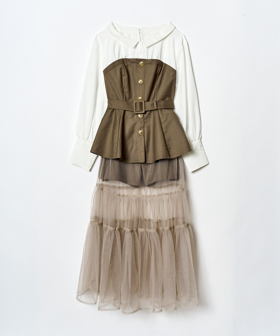 REDYAZEL「シャツドッキングチュールワンピース&ショートパンツセットアップ」|ワンピース|