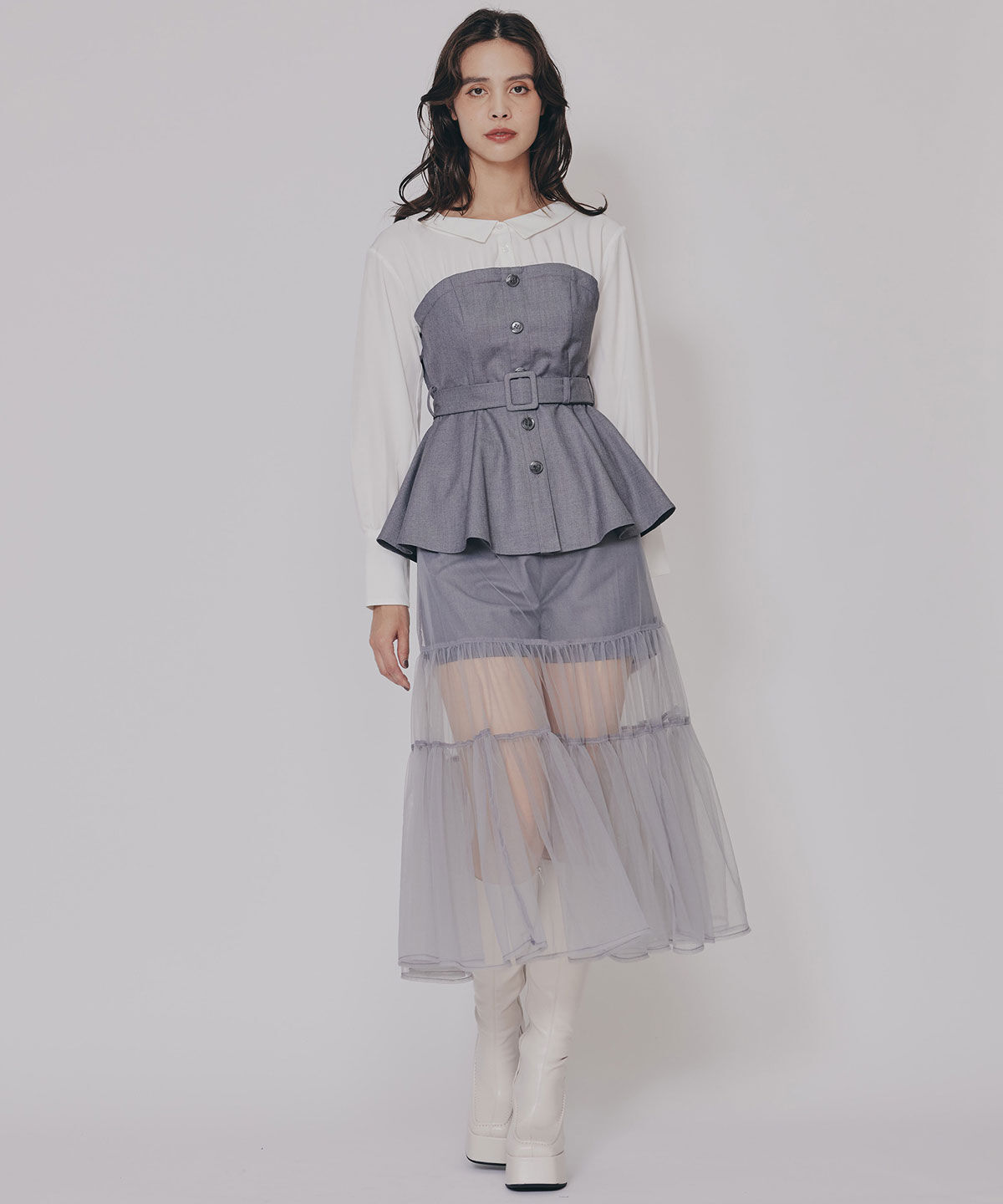 REDYAZEL「シャツドッキングチュールワンピース&ショートパンツセットアップ」|ワンピース|ﾁｬｺｰﾙｸﾞﾚｰ