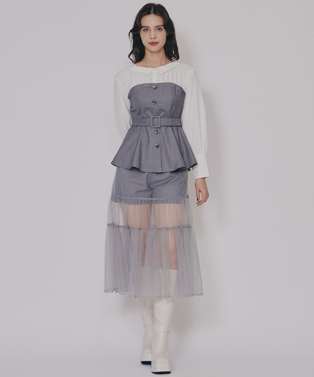 REDYAZEL「シャツドッキングチュールワンピース&ショートパンツセットアップ」|ワンピース|