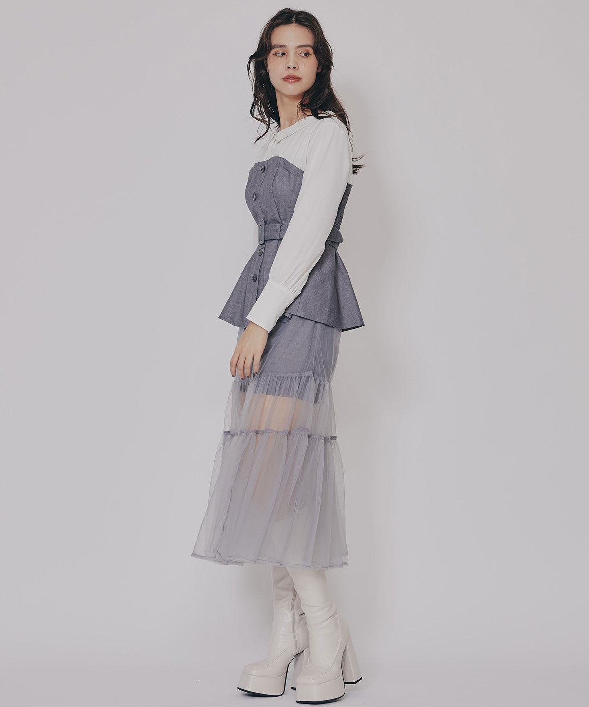 REDYAZEL「シャツドッキングチュールワンピース&ショートパンツセットアップ」|ワンピース|