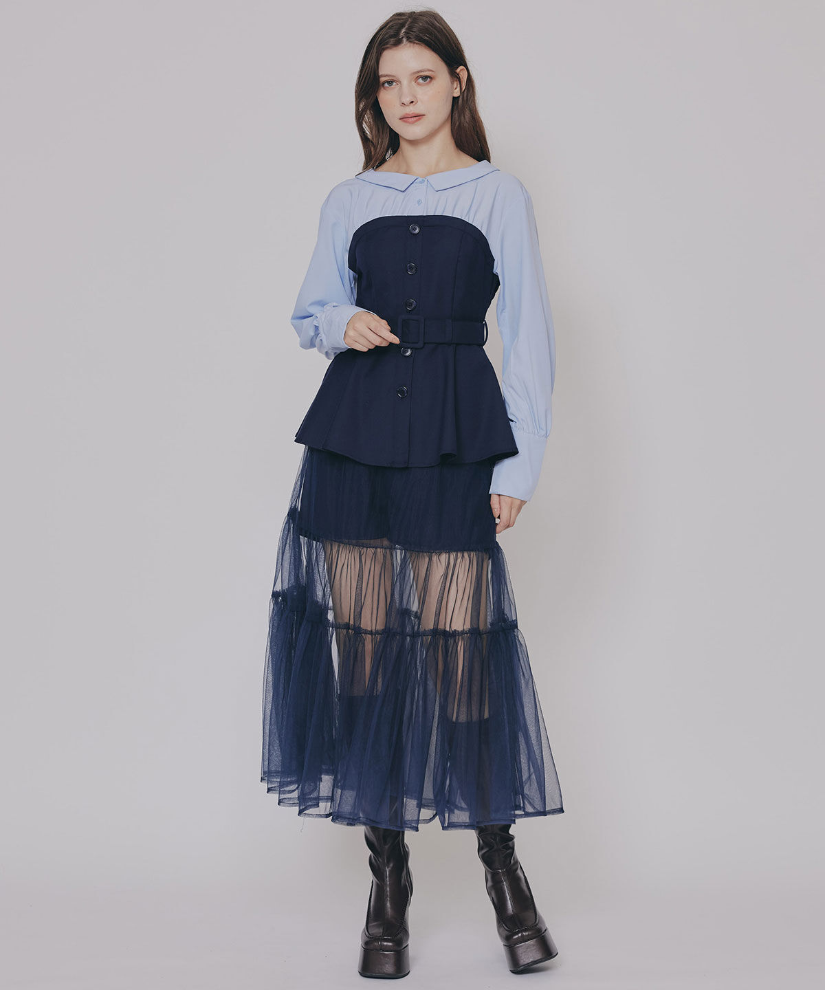 REDYAZEL「シャツドッキングチュールワンピース&ショートパンツセットアップ」|ワンピース|ブラック