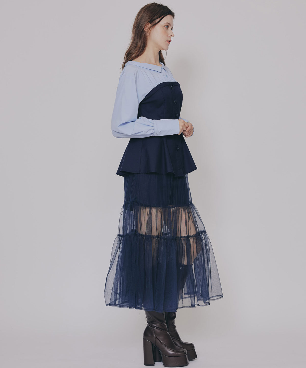 REDYAZEL「シャツドッキングチュールワンピース&ショートパンツセットアップ」|ワンピース|