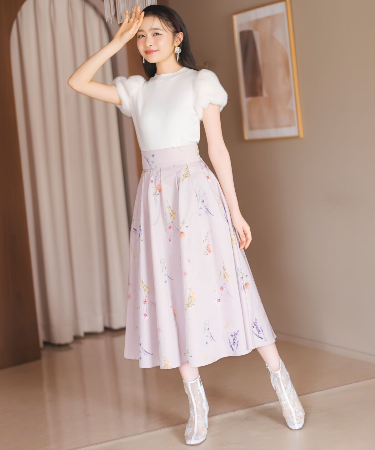 WILLSELECTION「オータムボタニカルフラワータックスカート」|フレア|赤系花柄