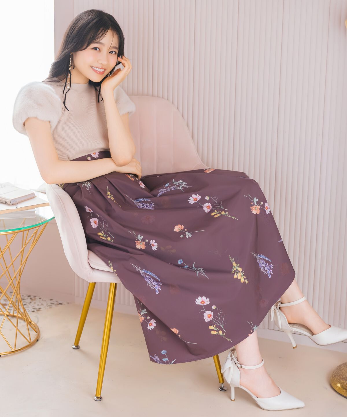 WILLSELECTION「オータムボタニカルフラワータックスカート」|フレア|茶系花柄