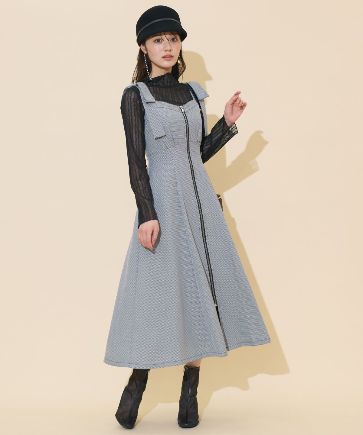 WILLSELECTION「ショルダーリボンフロントZIPワンピース」|ワンピース|黒系チェック