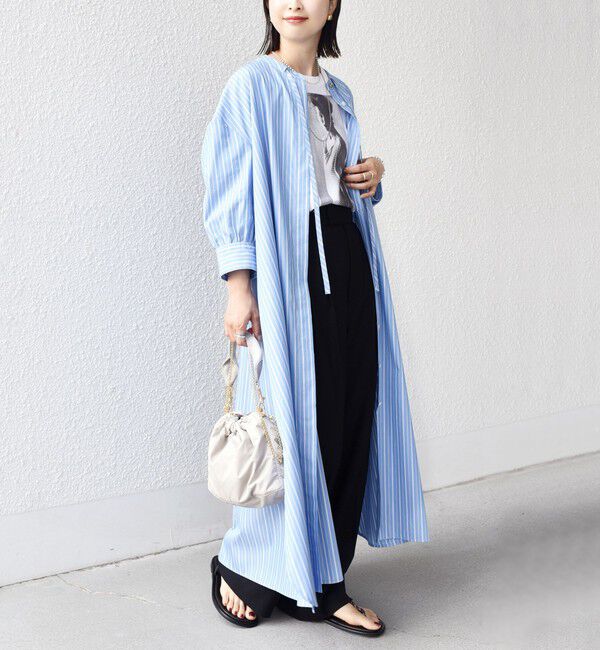 SHIPS for women「〈手洗い可能〉スタンドカラー リボン ストライプ シャツ ワンピース」|ワンピース|ブルー