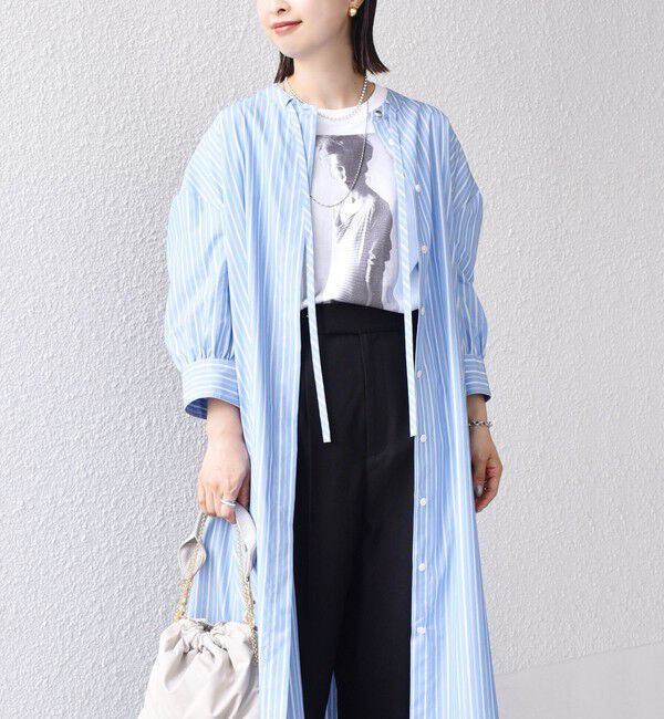 SHIPS for women「〈手洗い可能〉スタンドカラー リボン ストライプ シャツ ワンピース」|ワンピース|