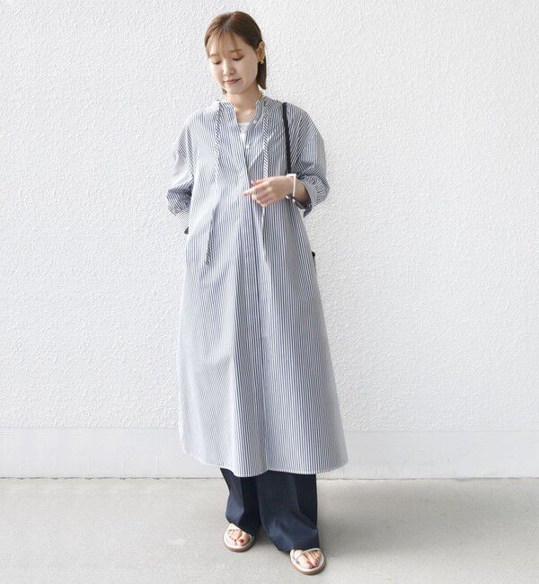 SHIPS for women「〈手洗い可能〉スタンドカラー リボン ストライプ シャツ ワンピース」|ワンピース|