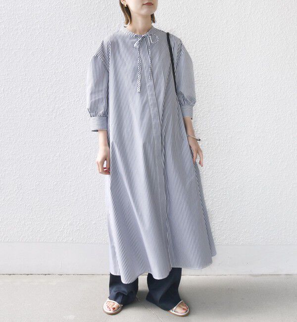 SHIPS for women「〈手洗い可能〉スタンドカラー リボン ストライプ シャツ ワンピース」|ワンピース|