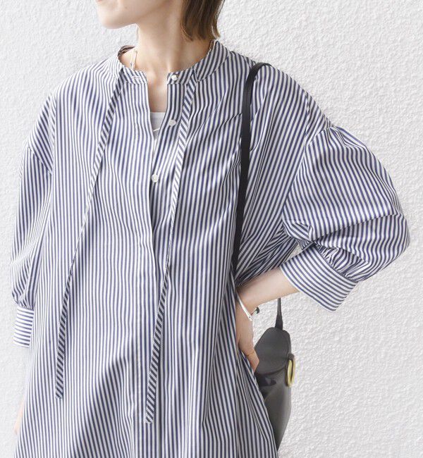 SHIPS for women「〈手洗い可能〉スタンドカラー リボン ストライプ シャツ ワンピース」|ワンピース|