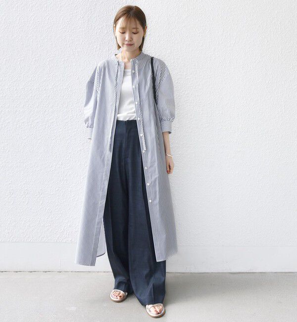 SHIPS for women「〈手洗い可能〉スタンドカラー リボン ストライプ シャツ ワンピース」|ワンピース|