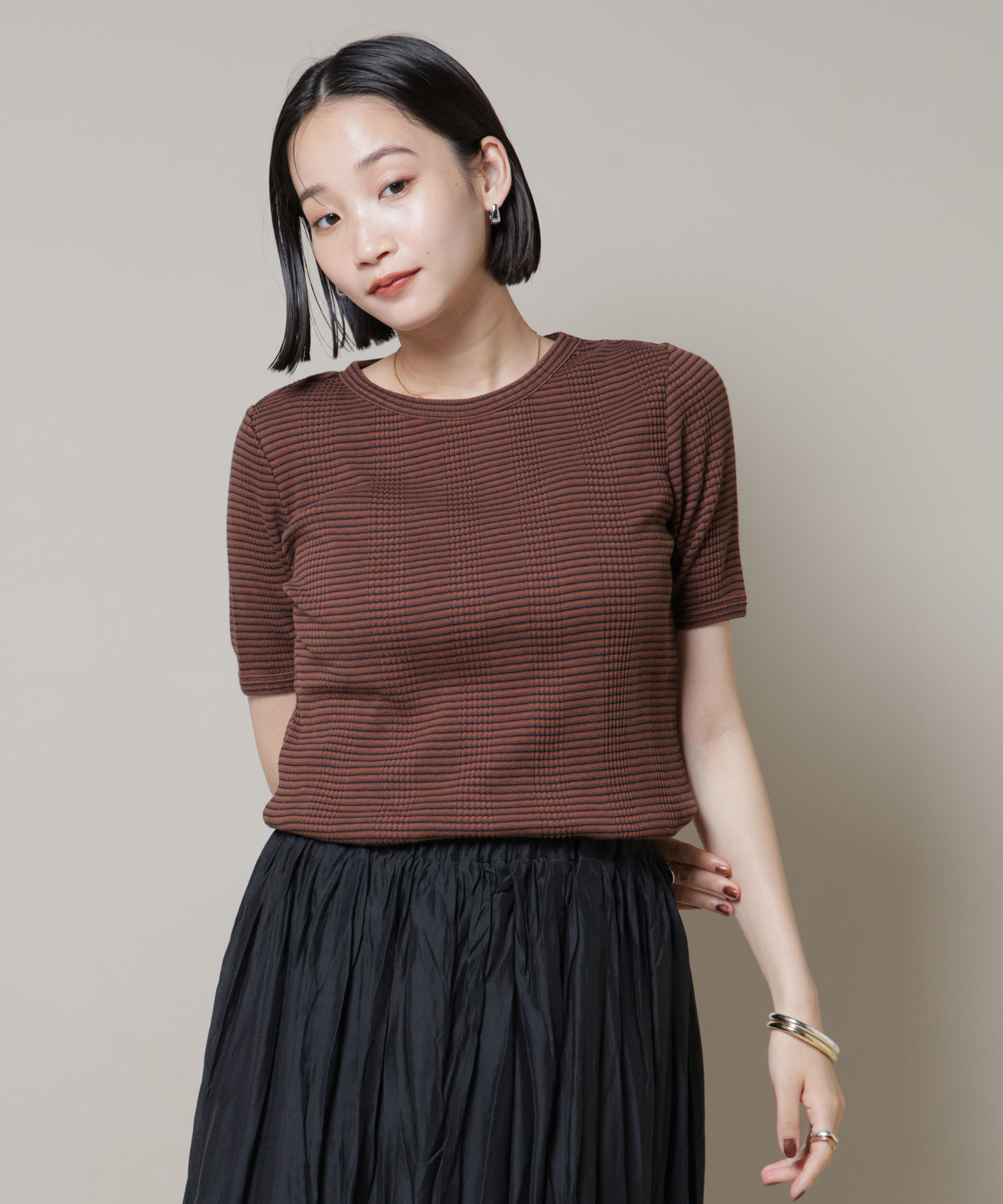 nano･universe「マルチボーダーテレコリブカットトップス」|Tシャツ・カットソー|ブラウン