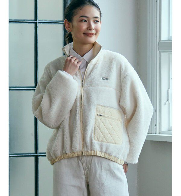 LACOSTE「リブニットスタンドカラーソフトボアジャケット / スタンドジップボアブルゾン」|ブルゾン・スタジャン|アイボリー