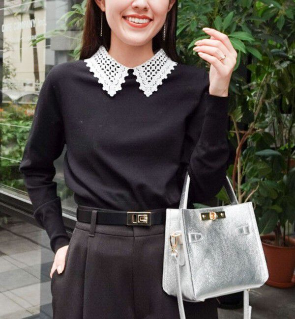 NOLLEY'S「《手洗い可能》襟レース2WAYプルオーバーニット」|ニット・セーター|ブラック