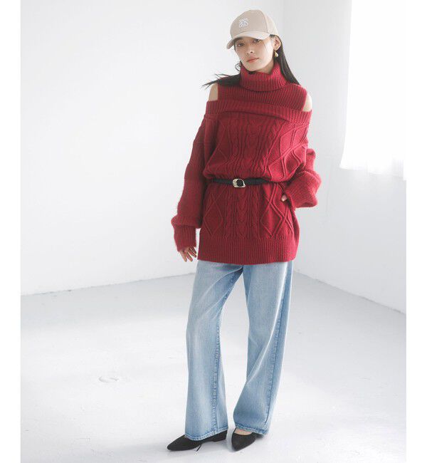 VIS「【洗える】オフショルケーブル編みミニワンピース」|ワンピース|