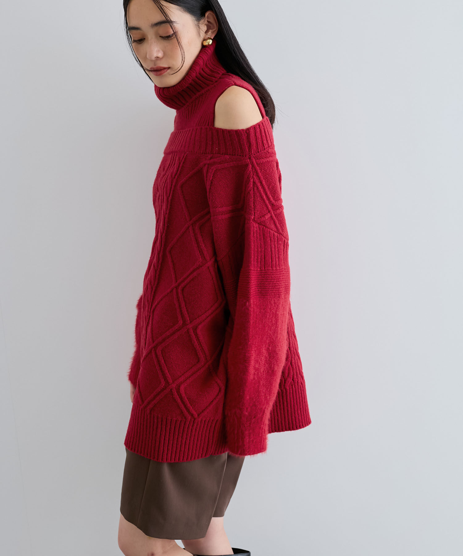 VIS「【洗える】オフショルケーブル編みミニワンピース」|ワンピース|