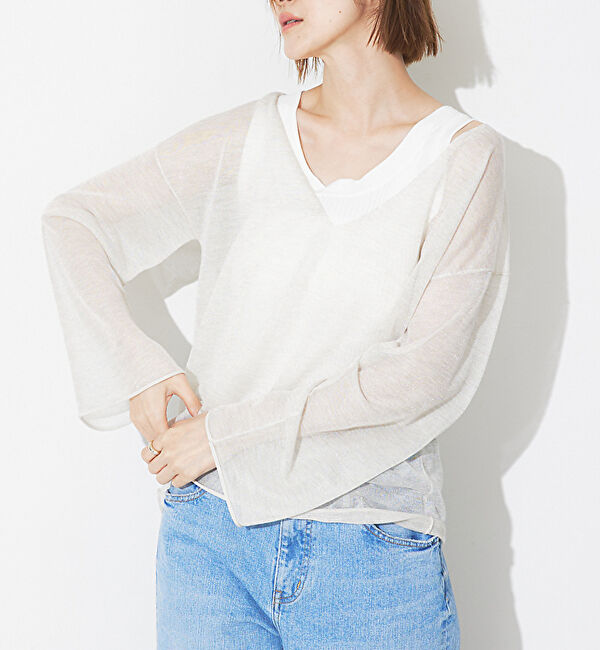 Rouge vif「シアーVネックラメプルオーバー」|ニット・セーター|オフホワイト