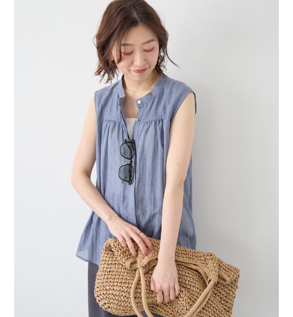  「《WEB限定アイテム》ガーゼノースリーブブラウス」|シャツ・ブラウス|ネイビー