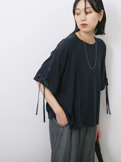 Samansa Mos2 blue「◎【接触冷感】ベロアラインリボンTシャツ」|Tシャツ・カットソー|