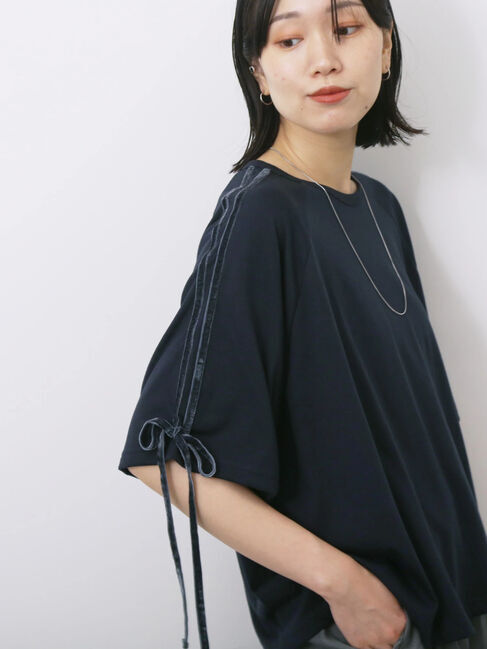 Samansa Mos2 blue「◎【接触冷感】ベロアラインリボンTシャツ」|Tシャツ・カットソー|