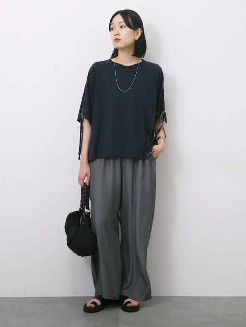 Samansa Mos2 blue「◎【接触冷感】ベロアラインリボンTシャツ」|Tシャツ・カットソー|