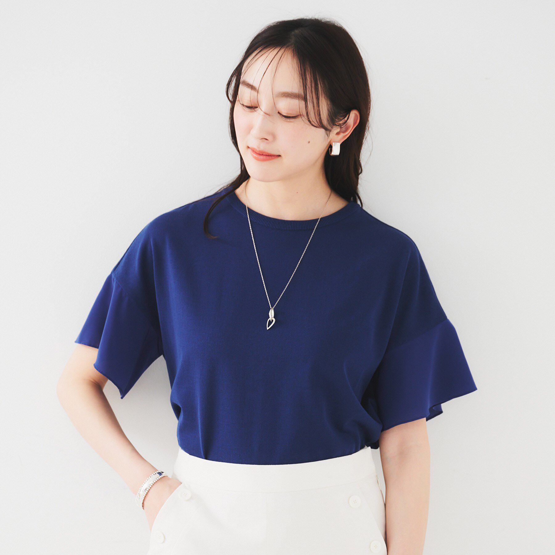 UNTITLED「【洗える/体型カバー】袖異素材プルオーバーニット」|ニット・セーター|