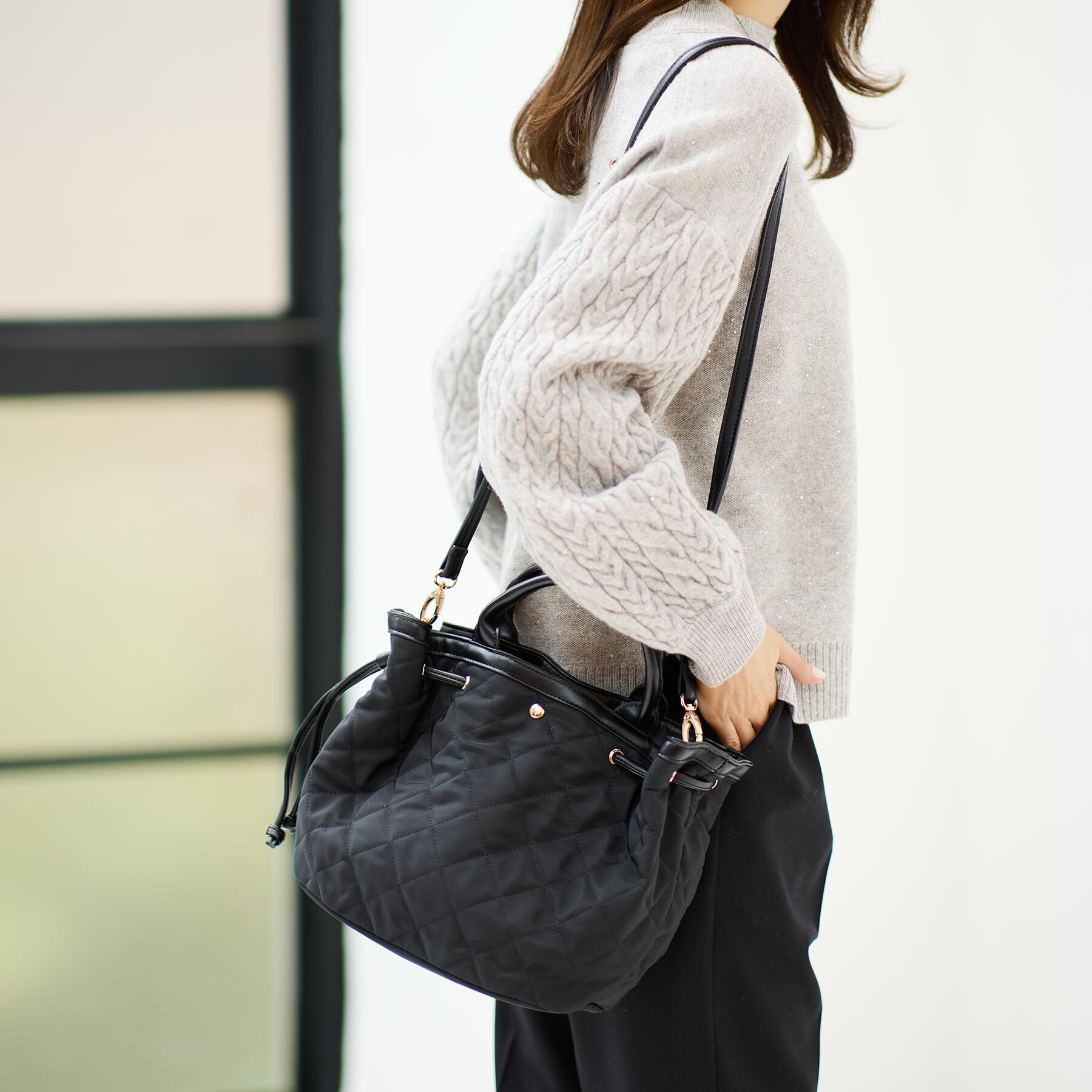 Reflect「【ショルダー付き／コーディネートのアクセントに◎】キルティングバッグ」|トートバッグ|ブラック(019)