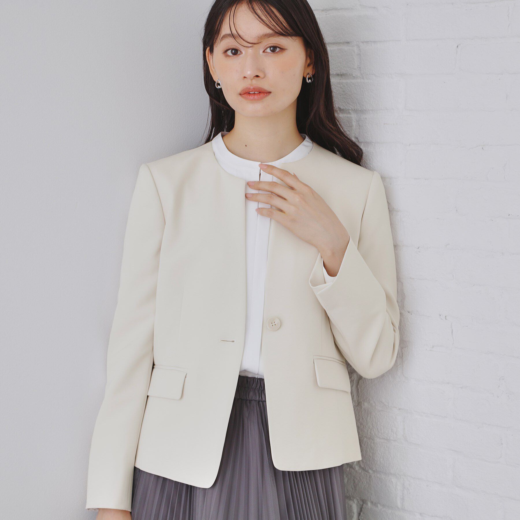 OPAQUE.CLIP「《通勤セットアップ対応》キーネックジャケットダブルクロス【洗濯機洗い可】」|ノーカラージャケット|