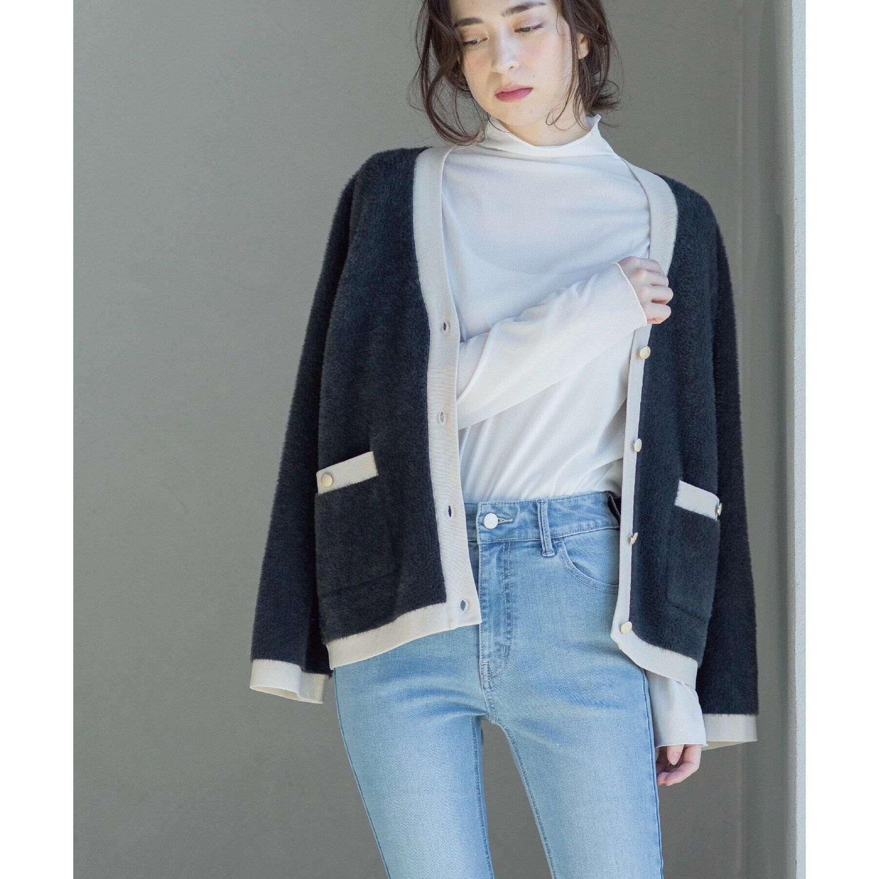 OPAQUE.CLIP「フェザーヤーン配色Vネックカーディガン【洗濯機洗い可】」|カーディガン|