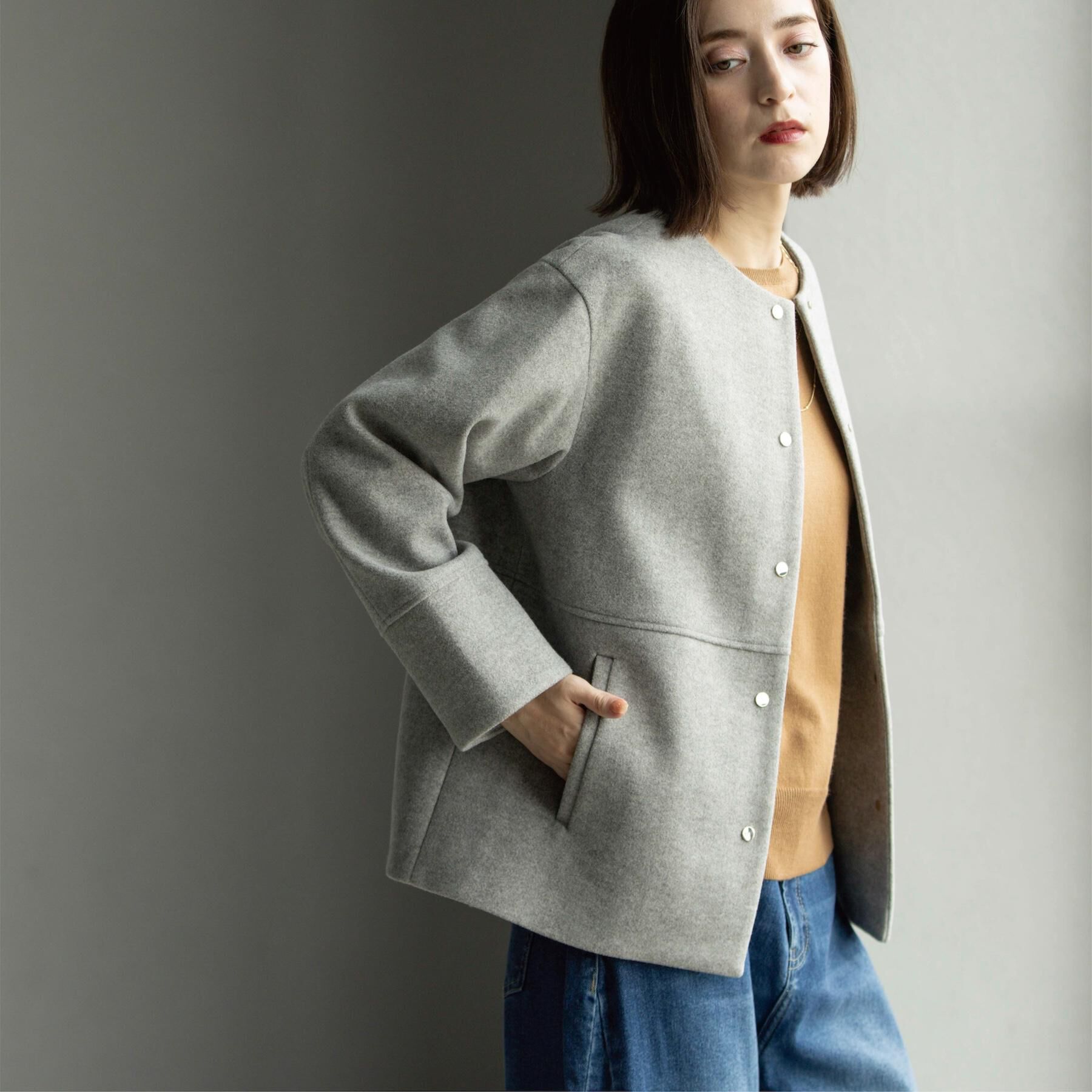 OPAQUE.CLIP「ウールライクメルトンノーカラーコート【洗濯機洗い可】」|ノーカラーコート|グレー(012)