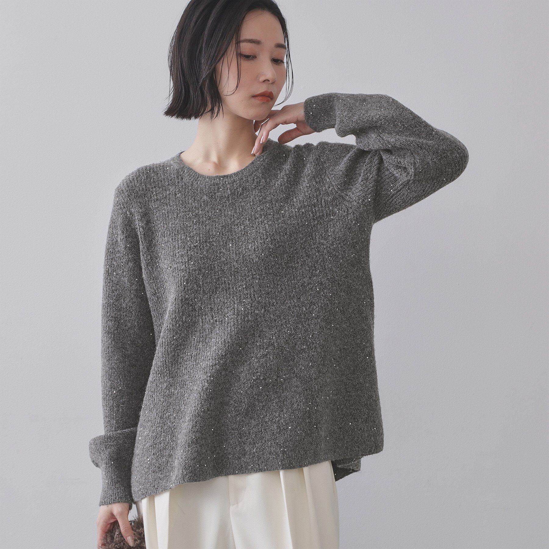 OPAQUE.CLIP「スパンコールラメ衿2WAYペプラムニット【洗濯機OK】」|ニット・セーター|