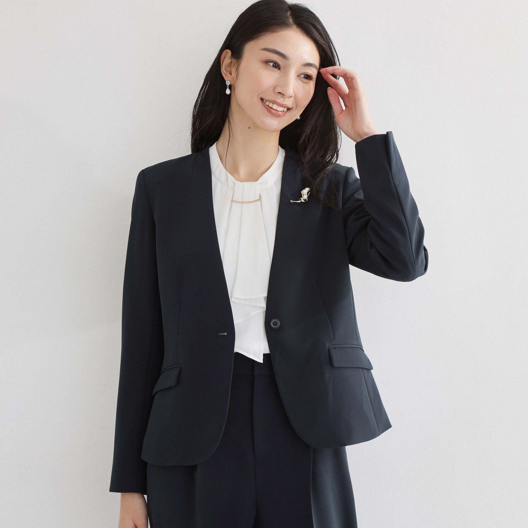 THE SHOP TK「【通勤スタイルに】ダブルクロス ノーカラージャケット/セットアップ可」|ノーカラージャケット|ネイビー(094)