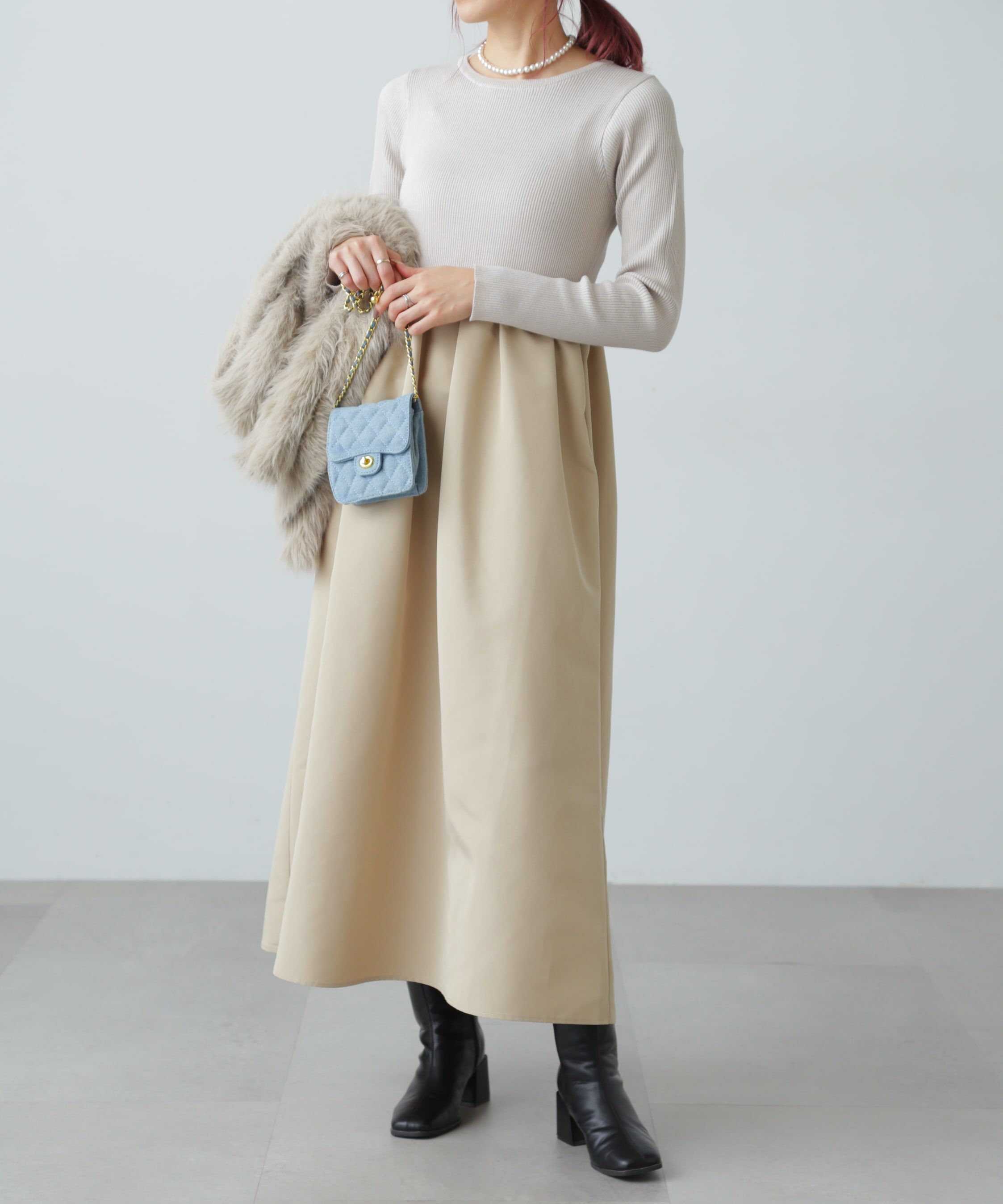  「布帛ドッキングクルーネックワンピース」|ワンピース|