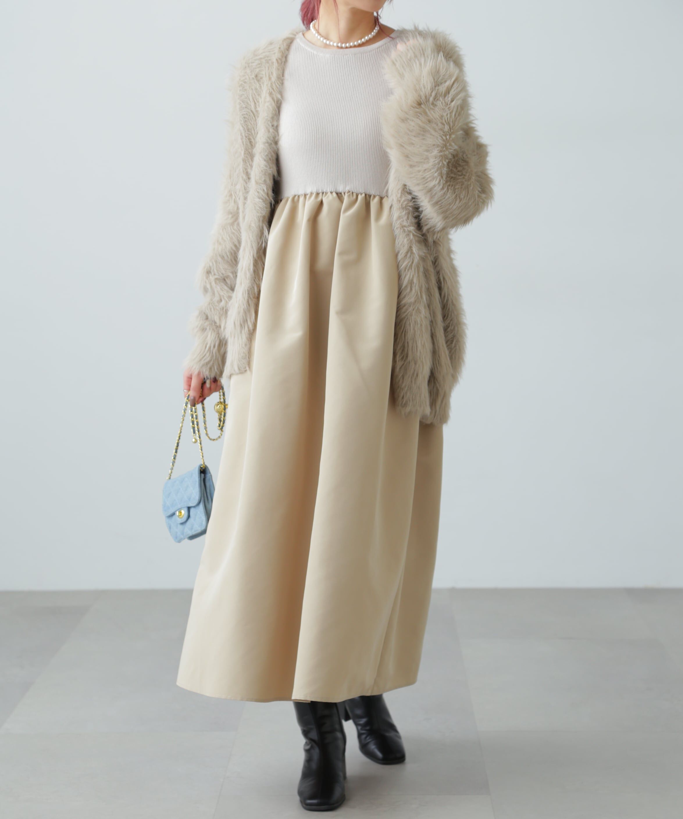  「布帛ドッキングクルーネックワンピース」|ワンピース|