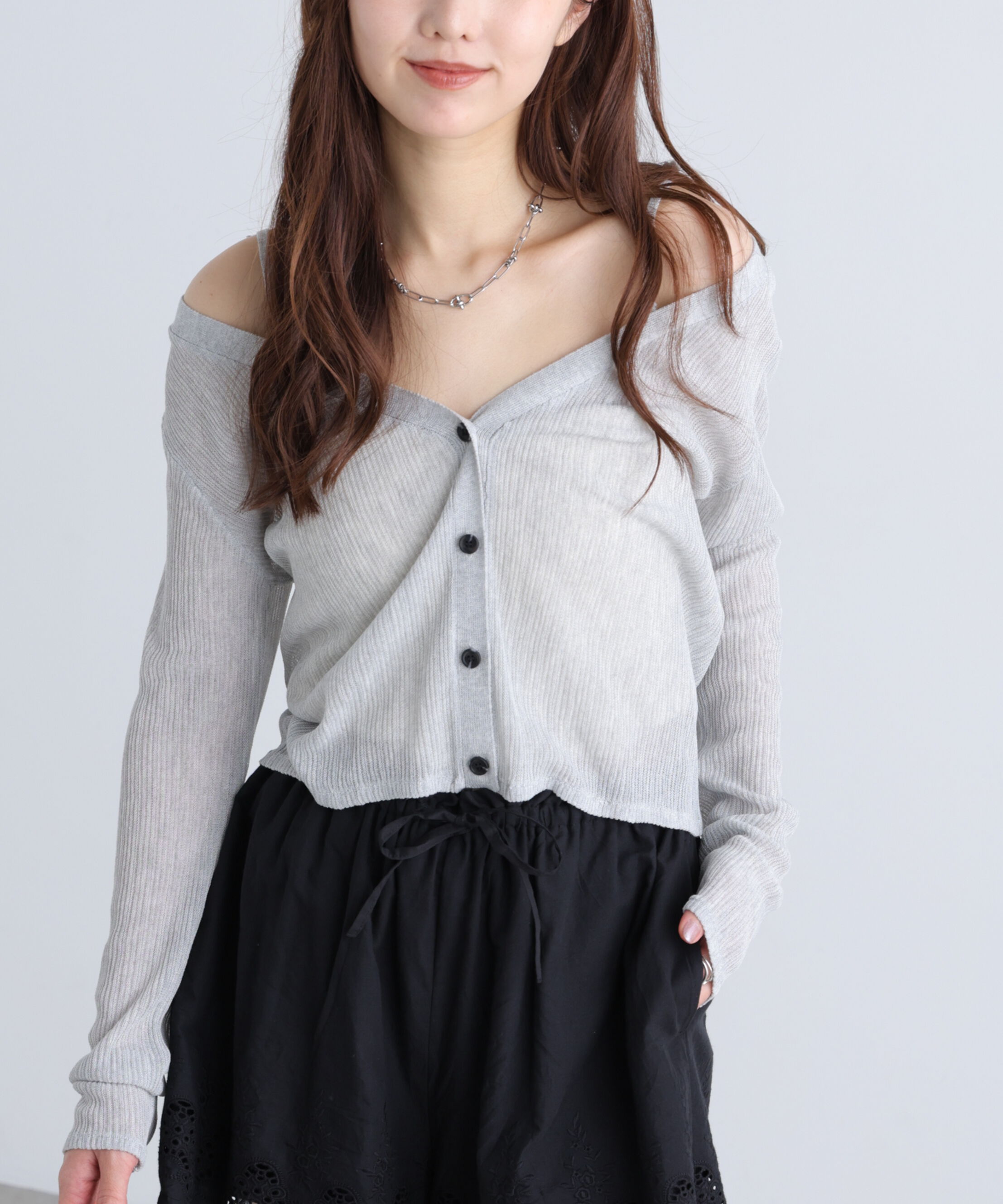  「オフショル前後2wayシアーカーディガン」|ニット・セーター|