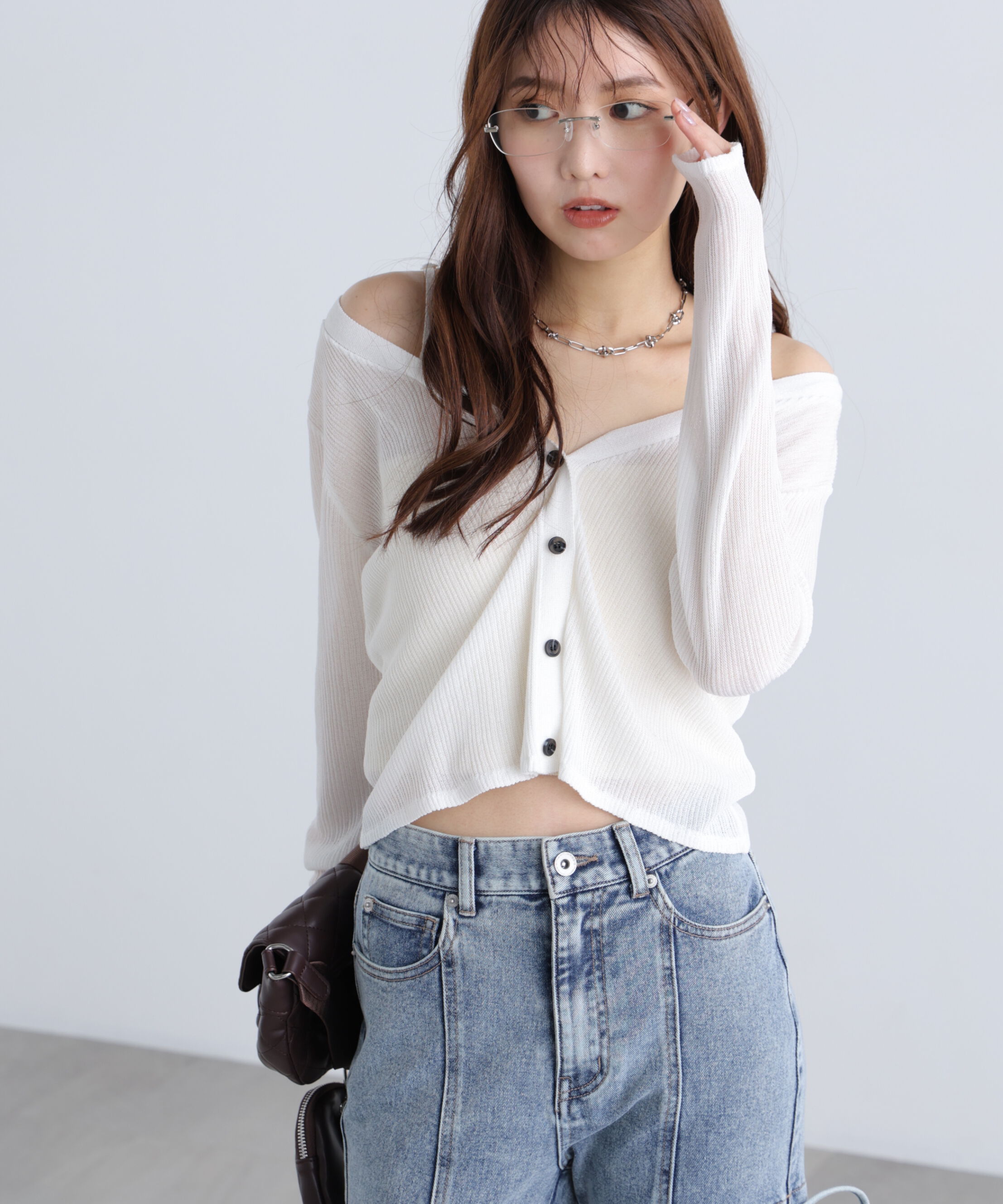  「オフショル前後2wayシアーカーディガン」|ニット・セーター|