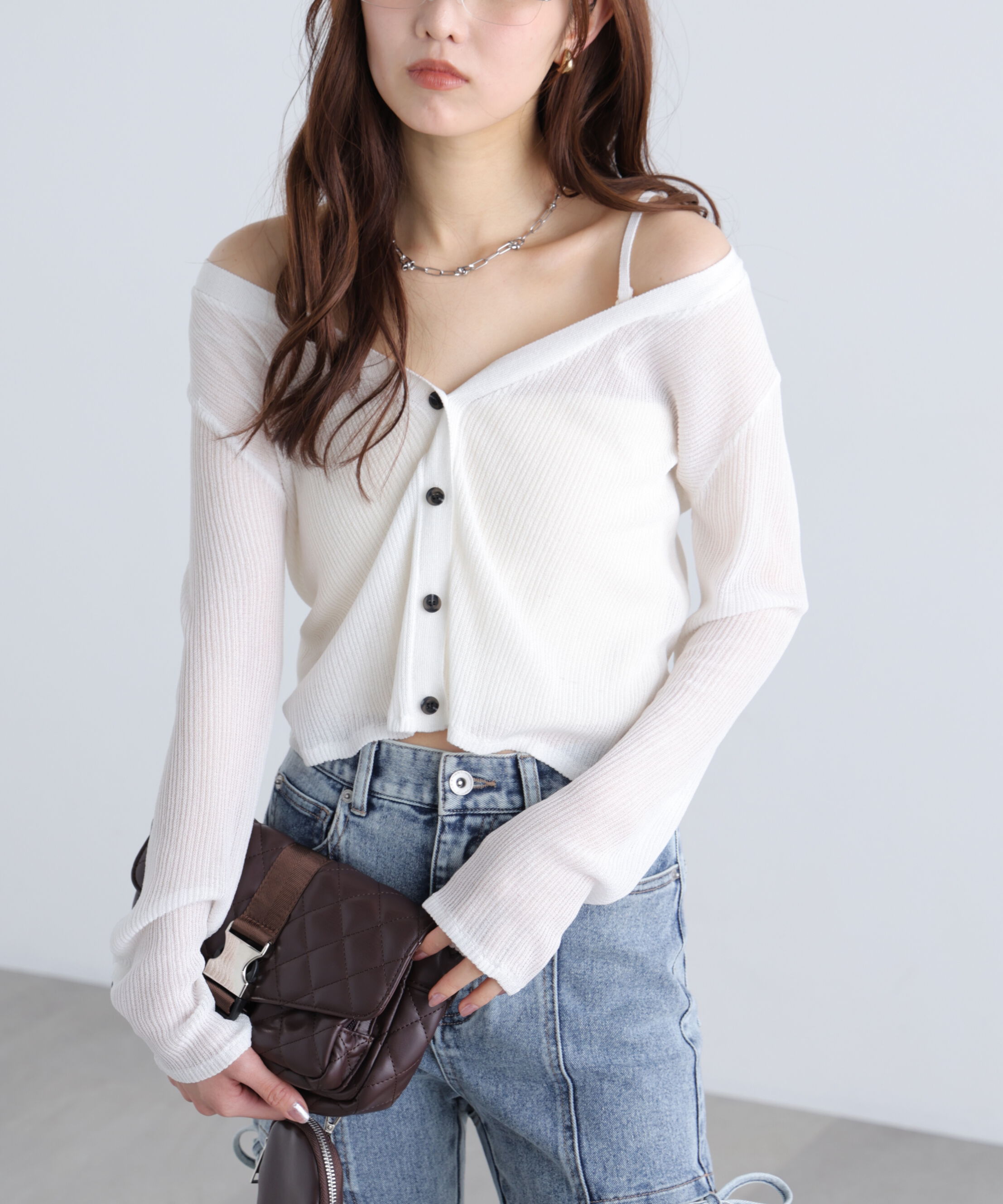  「オフショル前後2wayシアーカーディガン」|ニット・セーター|