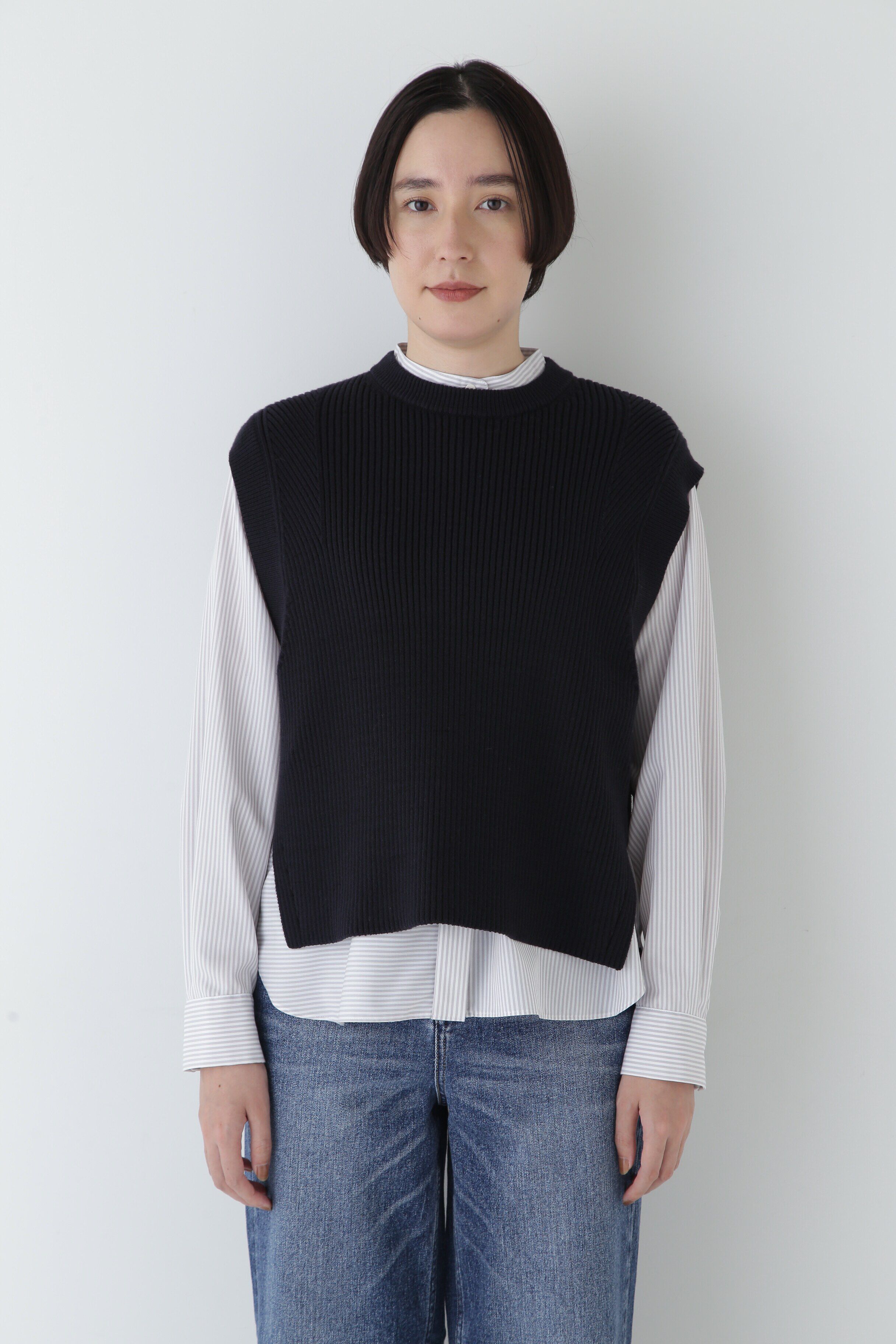  「◆【ウォッシャブル】綿ポリリブ見えクルーベスト」|ニット・セーター|