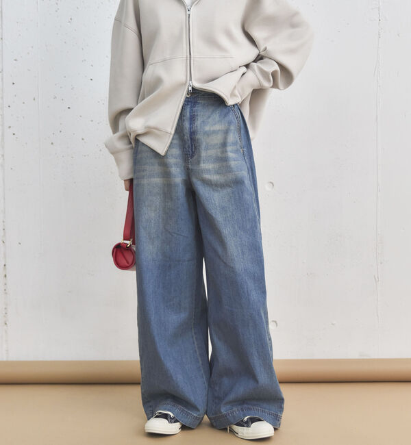 Doux archives「サイドベルトワイドデニムパンツ」|デニム|SAX