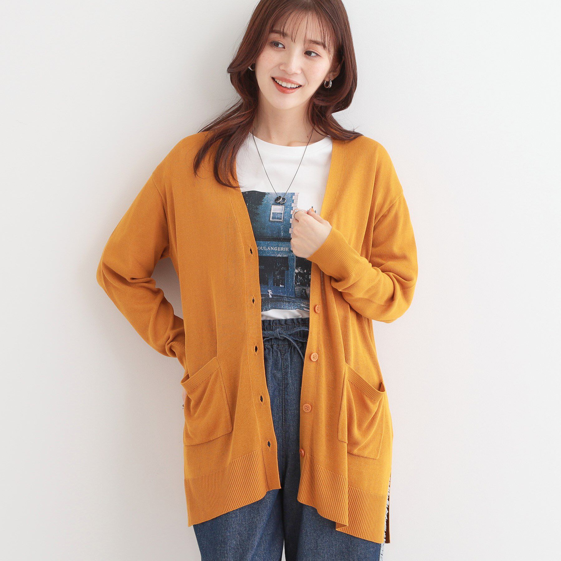 SHOO･LA･RUE「【洗える/UV】さらっと羽織れる ミドル丈Vネックカーディガン」|カーディガン|イエロー(032)