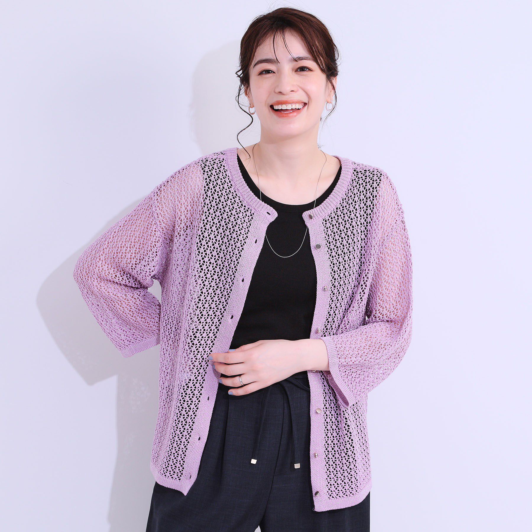 SHOO･LA･RUE「【S-LL/2WAY】ラメが華やか 透かしニットカーディガン」|カーディガン|