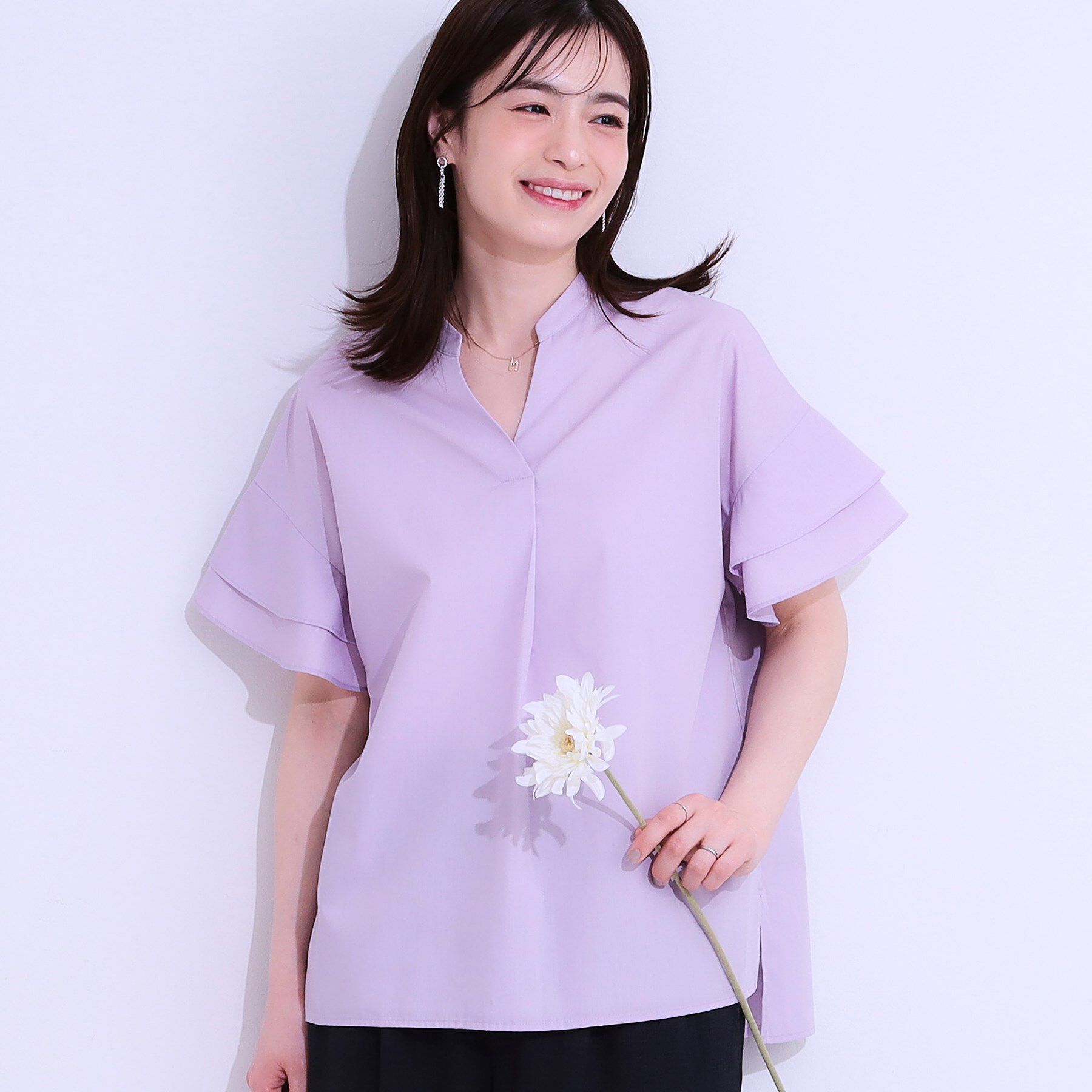 SHOO･LA･RUE「【洗える/S-LL】袖フリルスキッパーシャツ」|シャツ・ブラウス|パープル(081)