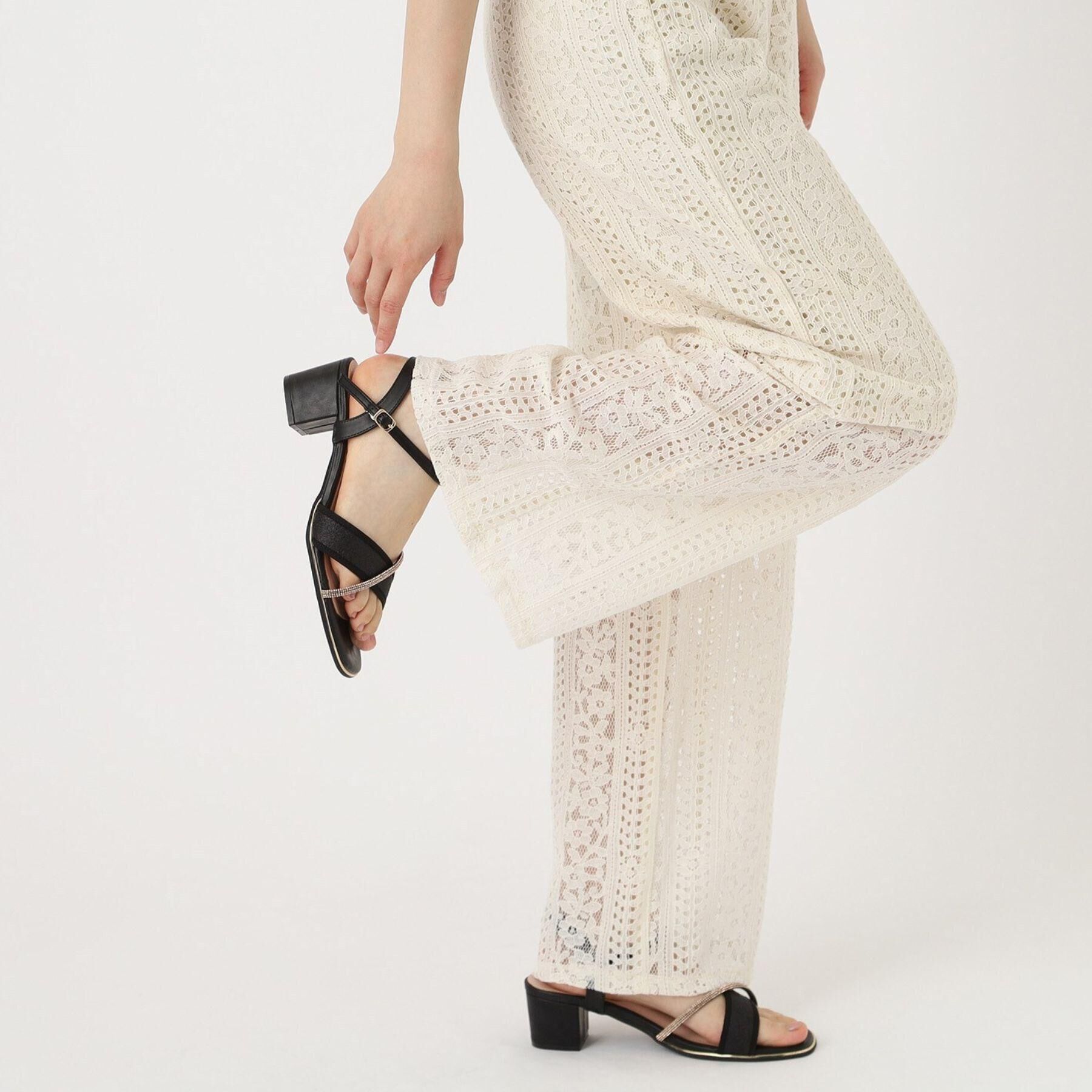 ESPERANZA「ラメ&times;ラインストーンスクエアトゥサンダル」|サンダル|ブラック(019)