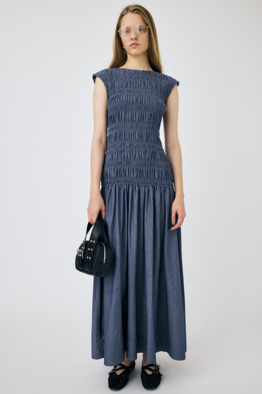 MOUSSY「SHIRRING GATHER SUMMER ドレス」|ワンピース|BLU