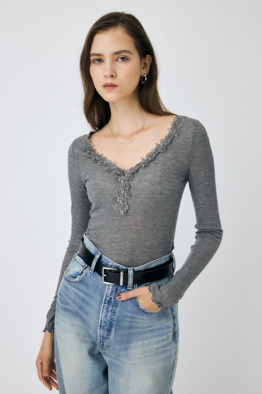 MOUSSY「LACE TRIM ロングスリーブ TEE」|Tシャツ・カットソー|C.GRY