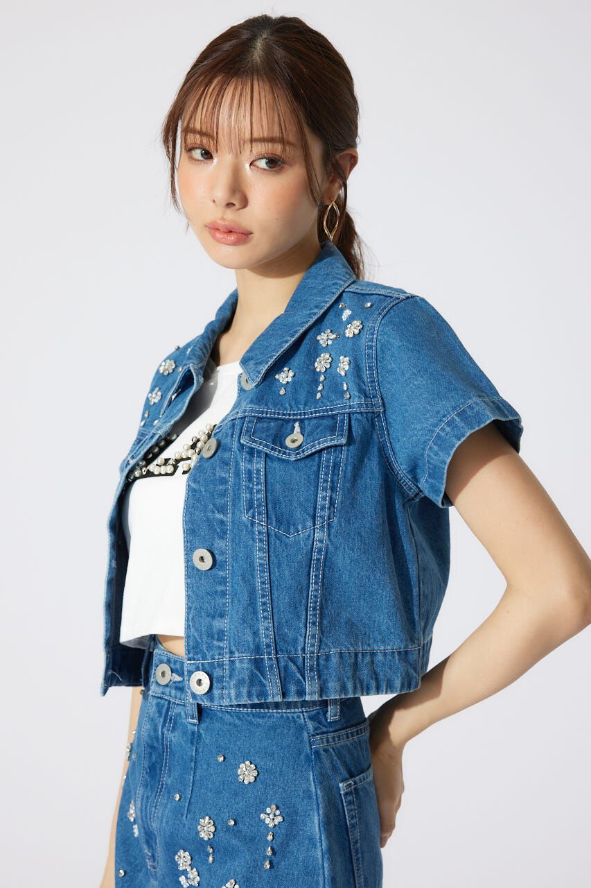 rienda「ミックスフラワービジューショートジャケット」|デニムジャケット|
