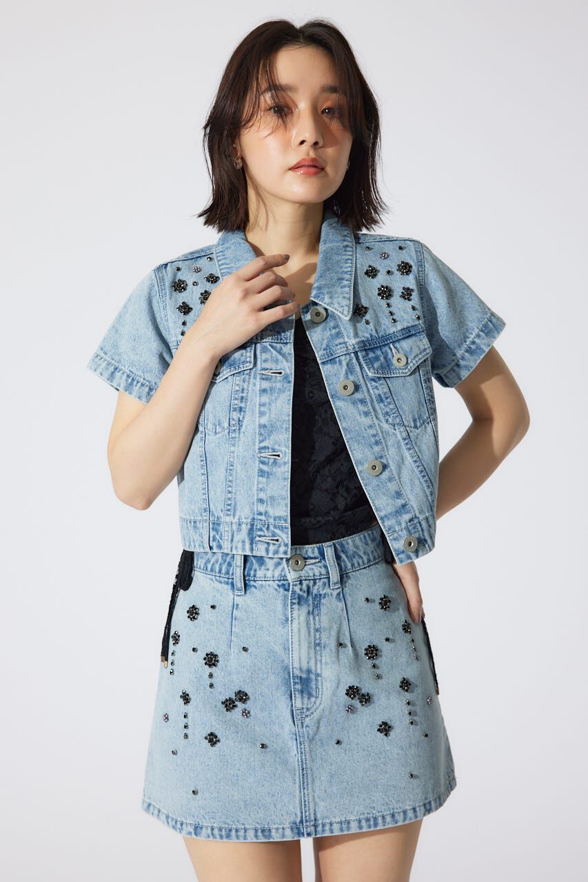 rienda「ミックスフラワービジューショートジャケット」|デニムジャケット|