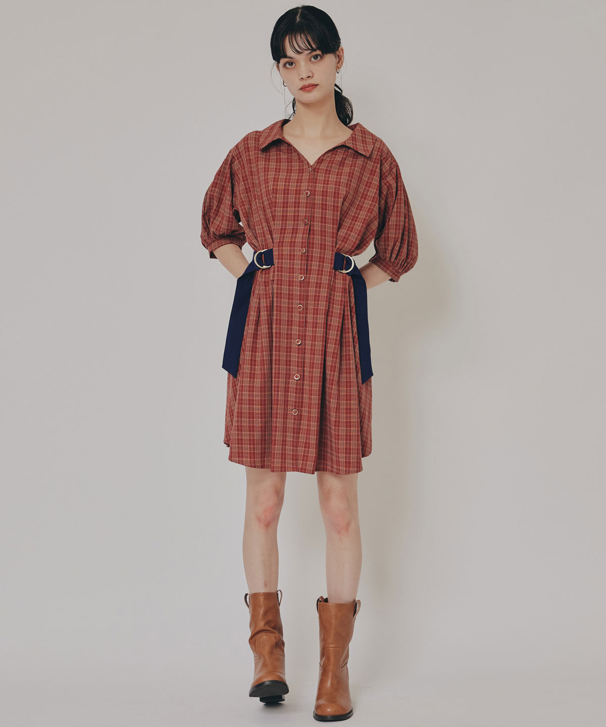 REDYAZEL「チェックバイカラーウエストベルトシャツワンピース」|ワンピース|