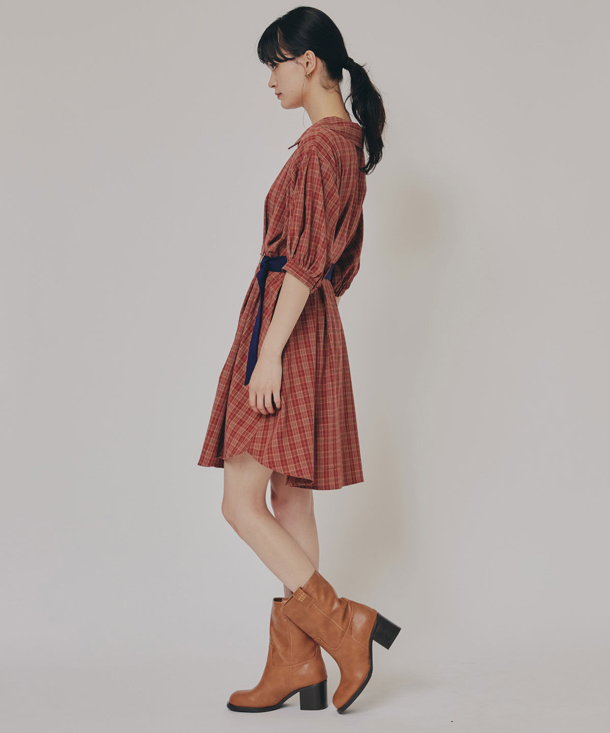 REDYAZEL「チェックバイカラーウエストベルトシャツワンピース」|ワンピース|